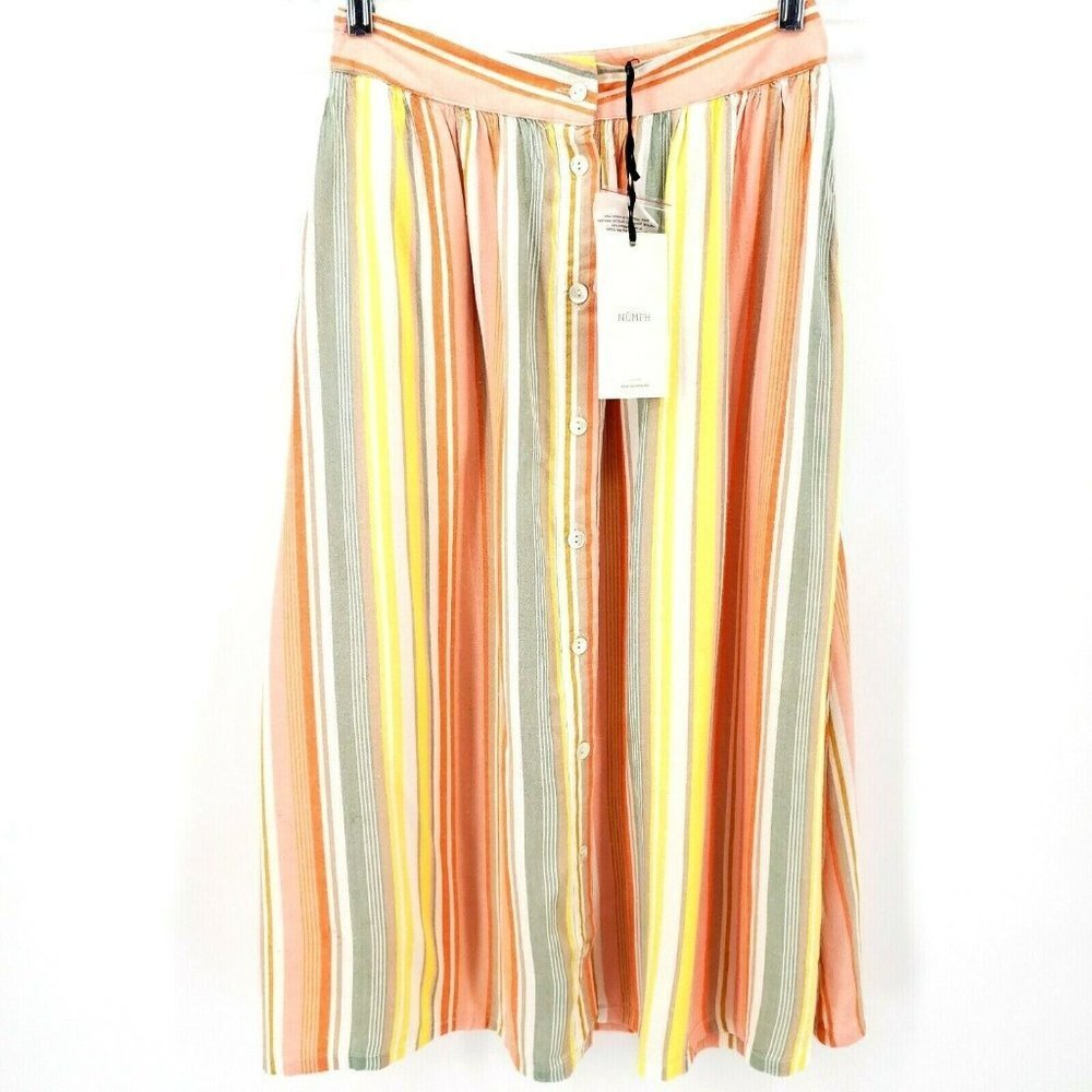 NUMPH Orange Yellow Striped Midi Skirt Button Down